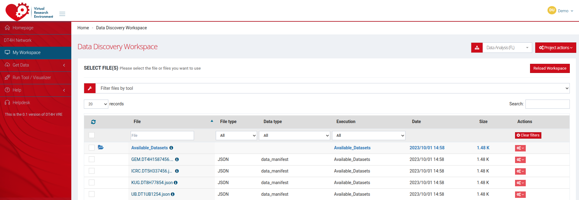 AI Dahboard - Dataset Selection (Screenshot)